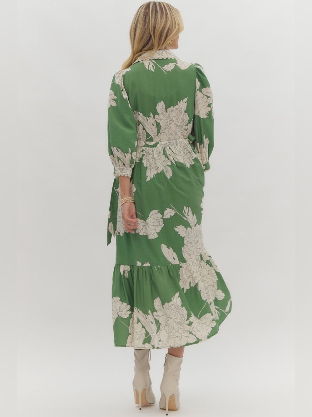 Entro Green White Floral Peony Gardenia Print Midi Dress Ric Rack Trim, S. NWOT - Picture 14 of 15